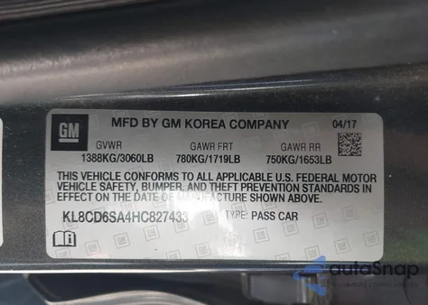 2017 Chevrolet Spark 1Lt Cvt из США, поврежденный, VIN KL8CD6SA4HC827433